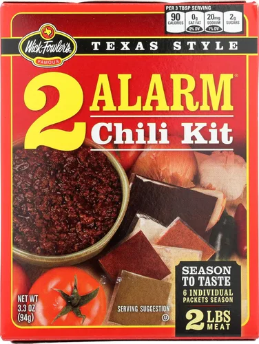 Kit de Chili de 2 Alarmas de Wick Fowler, Mezcla de Condimento de Chili Estilo Texas con Paquetes Individuales de Especias, Caja de 3.3oz (Paquete