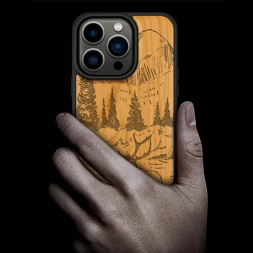 Miniatura 2 de Carveit Funda magnética de madera para iPhone 14 Pro, madera natural y TPU suave negro, funda protectora a prueba de golpes, funda de madera única
