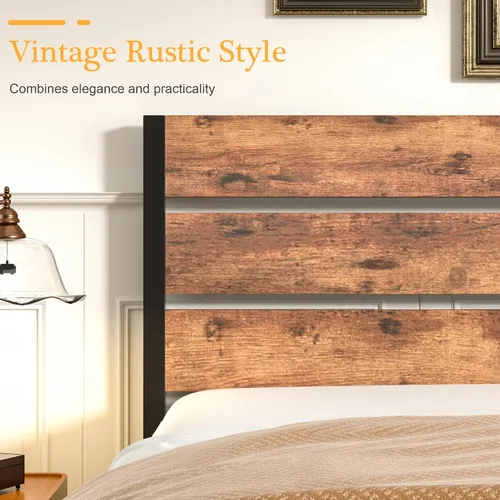 Miniatura 5 de VECELO Base de cama tamaño individual, plataforma de metal resistente con cabecera de madera, no necesita somier, color marrón antiguo