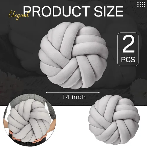 Miniatura 3 de Fumete 2 piezas almohadas de nudo redondas de 14 pulgadas, almohada de bola de nudo de felpa suave hecha a mano, cojín decorativo moderno anudado