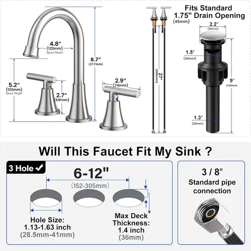 Miniatura 5 de Grifos de Baño para Lavabo de 3 Orificios, Hurran Grifo de Lavabo de Baño de Níquel Cepillado con Desagüe Pop-up y Líneas de Suministro, Grifo
