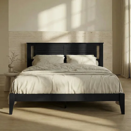 Miniatura 13 de ComfIQ Cama de plataforma de madera maciza con listones de madera, marco duradero, no requiere somier, amplio almacenamiento debajo de la cama, Pino