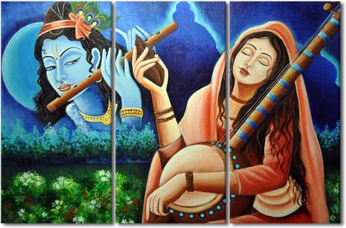 Miniatura 45 de Pintura india hindú Dios Señor Krishna imágenes sobre lienzo, arte de pared de 3 piezas, arte de pared moderno, decoración del hogar para sala