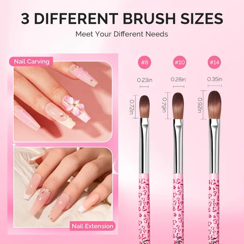 Miniatura 6 de MelodySusie Juego de 3 brochas acrílicas para uñas, tamaños 8/10/14, herramienta profesional de arte de uñas para aplicación acrílica, polvo, A-Rosa