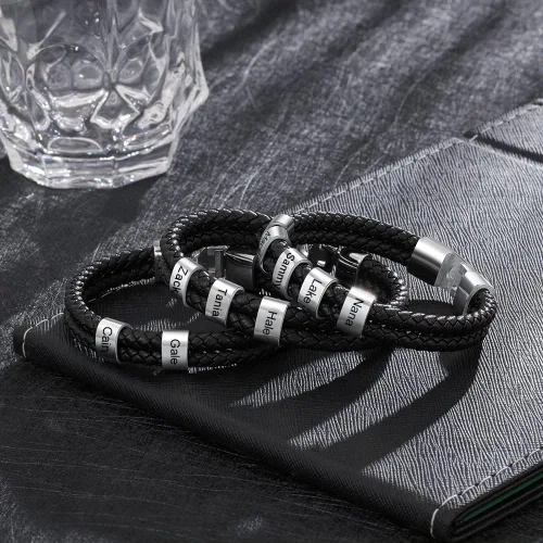 Miniatura 5 de Pulseras de cuero personalizadas para hombre, pulsera con nombre para papá, grabado gratuito, cuentas de nombre de familia, pulseras