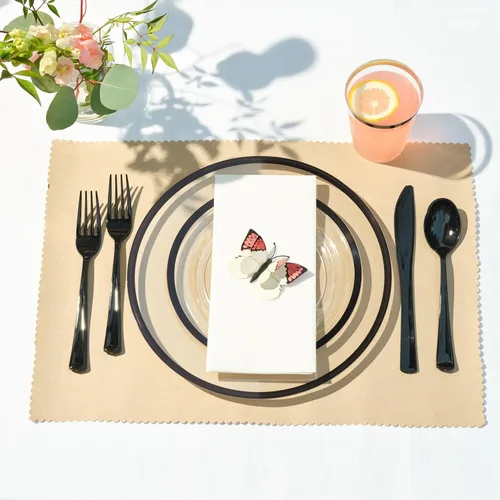 Miniatura 4 de By Madee HEAVYweight - Juego de 150 platos y utensilios de plástico transparente y negro, juegos de vajilla de plástico elegante con regalo de claro