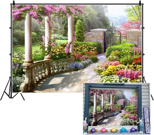 Miniatura 4 de Telón de fondo de 5 x 3 pies para fotografía de jardín primaveral hermoso, arquitectura vintage de jardín, pilares, flores en flor, fondo