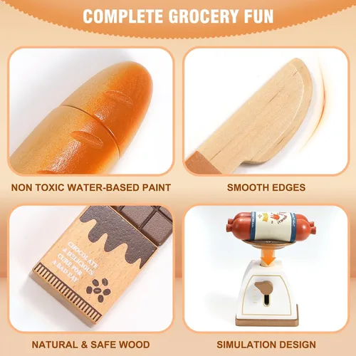Miniatura 6 de Pithfor Juego de alimentos de madera para niños pequeños, tienda de comestibles, comida de simulación, compras y juegos, accesorios de cocina