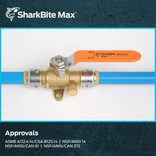 Miniatura 6 de SharkBite Válvula de bola máxima de 1/2 pulgada con ventilación de drenaje y pestaña de montaje, empuje para conectar accesorios de plomería