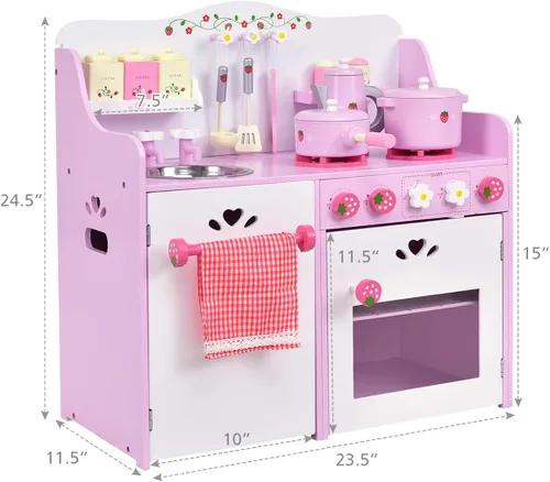 Miniatura 6 de HONEY JOY Juego de Cocina Rosa para Niños, Cocina de Juego de Simulación de Madera para Niños Pequeños, 13 Piezas de Utensilios de Cocina, Grifo