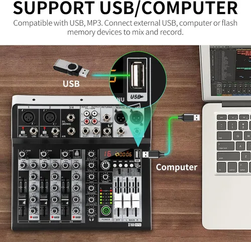 Miniatura 2 de XTUGA KP4 - Mezclador de audio de 4 canales, efecto DSP de 16 bits, efectos de interfaz de audio USB + 48 V Phantom Bluetooth para grabación