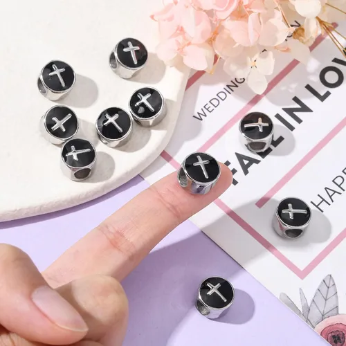 Miniatura 5 de LiQunSweet 10 cuentas europeas de acero inoxidable esmaltadas negras de 0.197 in con agujero grande, cuentas planas redondas cruzadas espaciadoras