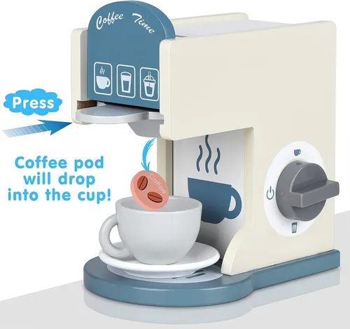 Miniatura 3 de Accesorios de cocina de juguete para niños, juego de cocina de madera con cafetera de juguete y máquina de espresso, juego de cocina para niños