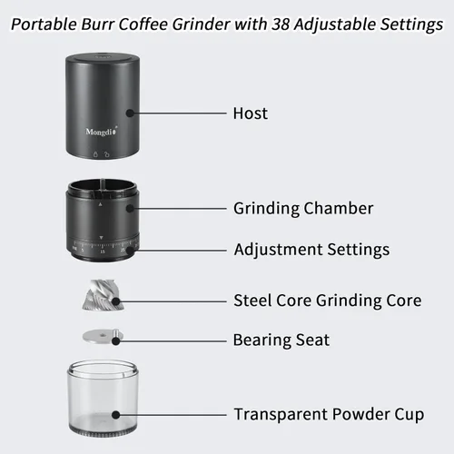 Miniatura 5 de Mongdio Molinillo de café eléctrico portátil con 38 ajustes ajustables, molinillo de café eléctrico con núcleo de acero inoxidable, para viajes