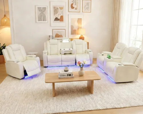 Miniatura 27 de Juego de 3 piezas para sala de estar, sofá reclinable eléctrico de cuero con puertos USB, iluminación LED y portavasos, asientos de cine en casa