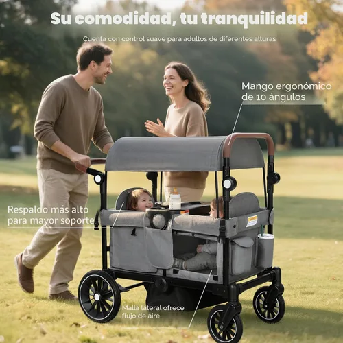 Miniatura 6 de TODEFULL Cochecito Wagon para 2 niños, carrito plegable para niños con arneses, mango doble ajustable de empuje, toldo extraíble, bandeja para Gris