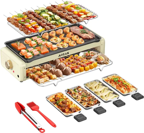Aoran Parrilla Eléctrica Sin Humo, Sartén Antiadherente para Interiores de 1800W, Sartén Multifuncional para Freír, Hornear, Guisar, Fácil de Blanco