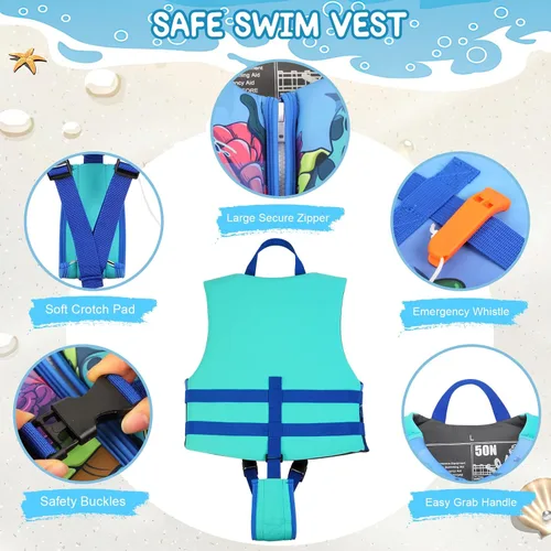Miniatura 3 de PAETAE Chaleco de natación de neopreno para niños, chaqueta de natación para niños pequeños, flotadores, ayuda a la natación para niños y niñas de 1