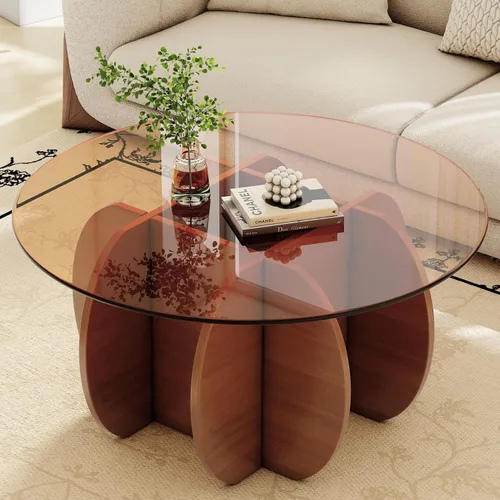 Miniatura 14 de Mesa de centro para sala de estar, mesa central redonda moderna de mediados de siglo con parte superior de cristal, color negro