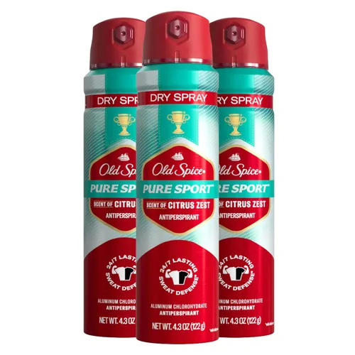 Old Spice Antitranspirante y desodorante invisible para hombre, espray seco Pure Sport Plus 24/7 protección contra olores, 4.3 onzas (paquete de 3)