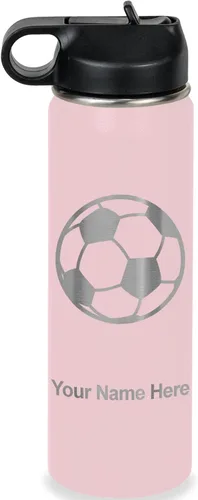 Miniatura 28 de LaserGram Botella de agua personalizada, pelota de fútbol, acero inoxidable de doble pared aislada al vacío con popote superior, regalo grabado