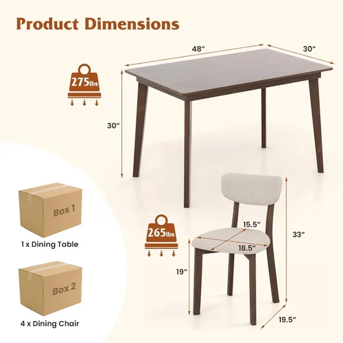 Miniatura 2 de GOFLAME Juego de Mesa de Comedor de 5 Piezas para 4, Mesa de Cocina Estilo Granja y 4 Sillas Tapizadas con Marco de Madera de Caucho, Asiento