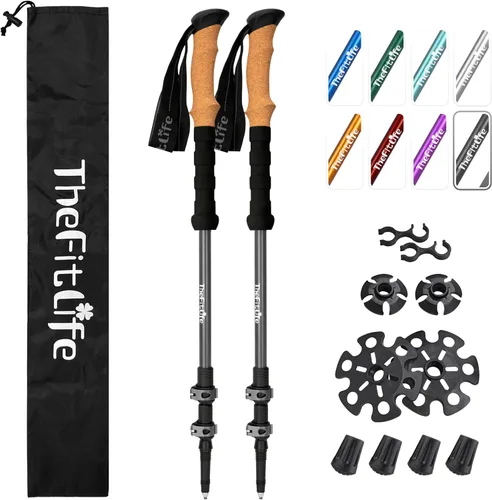 Miniatura 8 de TheFitLife Bastones de senderismo para senderismo y caminar, aluminio ligero 7075 con bloqueo de metal y agarre de corcho natural, bastones
