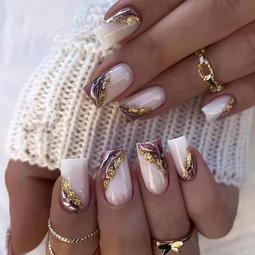 Miniatura 7 de 24 uñas postizas cuadradas de color negro brillante, de cobertura completa, con diseños de notas musicales, uñas postizas acrílicas con pegamento