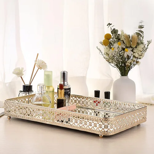 Miniatura 3 de ELLDOO Bandeja Dorada para Perfumes y Maquillaje - Almacenamiento de Joyas con Tallado Hueco, Organizador de Baratijas de Cristal y Metal para Dorado