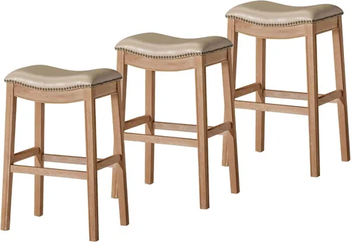 Miniatura 26 de Maven Lane Adrien Taburete de bar sin espalda, asiento de silla de montar de 31 pulgadas con reposapiés, marco de madera maciza gris y tapicería
