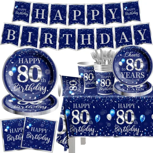 Miniatura 14 de Juego de vajilla de 142 piezas para decoración de cumpleaños número 50, color plateado y azul, suministros de fiesta de cumpleaños número 50