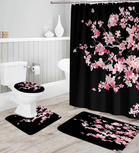 Miniatura 2 de 4 Pcs Pink Cherry Blossom Shower Curtain Set 60x72 Inch Black Floral Sakura Tree Gothic Style Japanese Anime Bathroom Decor with Non-Slip Rug Toilet
