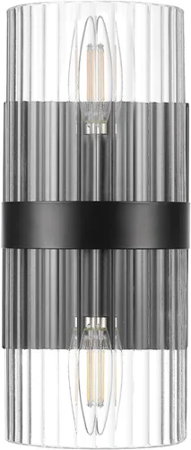Globe Electric 65000050 Aplique de pared de 2 luces, negro mate, pantalla de vidrio acanalado, enchufes de base E12, luces para sala de estar,