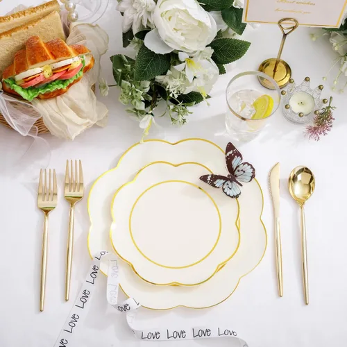 Miniatura 3 de ejonirinjonir EI - 180 platos de plástico beige con cubiertos de plástico dorado, platos desechables de alta resistencia para fiestas, juego
