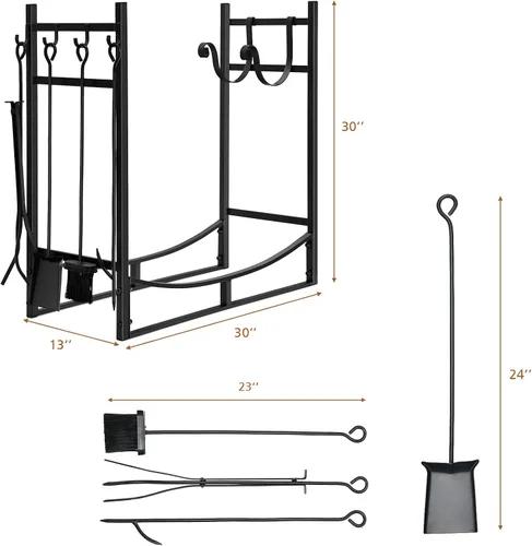 Miniatura 7 de Goplus - Estante para leña para interiores, soporte de 30" para leña con 4 herramientas para chimenea: pala, atizador, pinzas, cepillo, portayesca