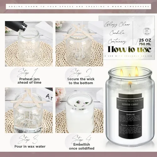 Miniatura 3 de Ziliny Paquete de 6 tarros de vela de vidrio de 25 onzas con tapas herméticas, recipientes grandes y gruesos para velas transparentes con 10