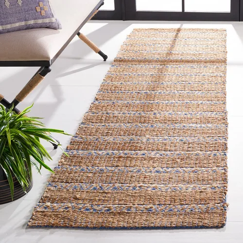 SAFAVIEH Natural Fiber Collection - Alfombra de pasillo de 2 pies 3 pulgadas x 8 pies, azul y natural, hecha a mano de yute a rayas y yute de Azul /