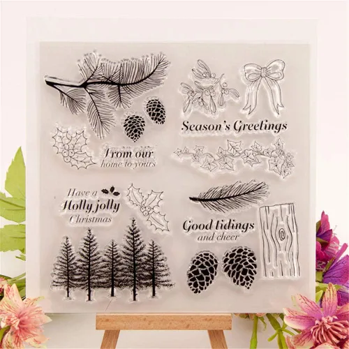 Miniatura 2 de LZBRDY Árboles de invierno, ramas, hojas, conos de pino, arco de goma transparente para hacer tarjetas y álbumes de recortes, deseos de Navidad