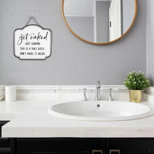 Miniatura 5 de LIVDUCOT Cartel de lata de baño divertido con texto en inglés «Get Naked», letrero de metal esmaltado negro sobre blanco, cita vintage para baño