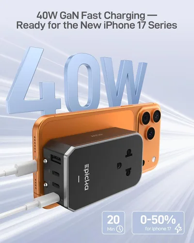 Miniatura 6 de EPICKA Air 40W Adaptador de viaje universal, adaptador de corriente internacional de carga rápida PD con 1 AC y 4 puertos USB, artículos compactos