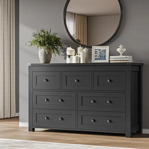Miniatura 10 de BORNOON Cómoda de 9 cajones, moderna cómoda de almacenamiento de madera, soporte de TV, organizador de cajones de madera con asas de metal