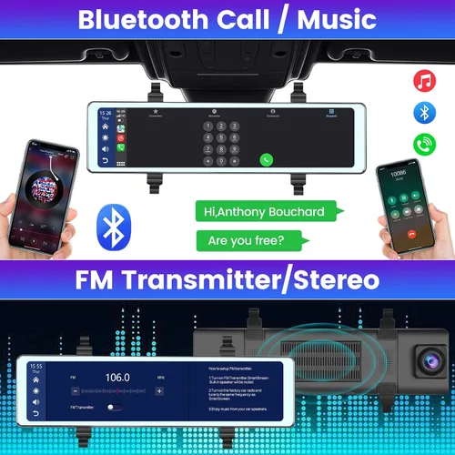 Miniatura 3 de NHOPEEW Cámara de espejo retrovisor de 11.26 pulgadas con Carplay y Android Auto - Espejo Dash Cam frontal y trasera - Transmisor