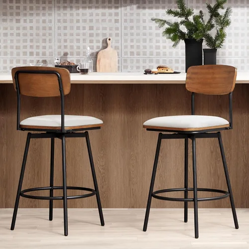 Miniatura 2 de CHITA Juego de 2 taburetes giratorios de bar tapizados de tela, altura del asiento de 27 pulgadas, marco de metal y madera, color crema