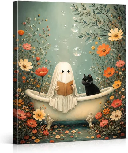 Miniatura 36 de QPVXSST Arte de Pared Interesante de Fantasma de Halloween para Baño, Póster Impreso en Lienzo de Estilo Gótico, Decoración de Baño con Diseño