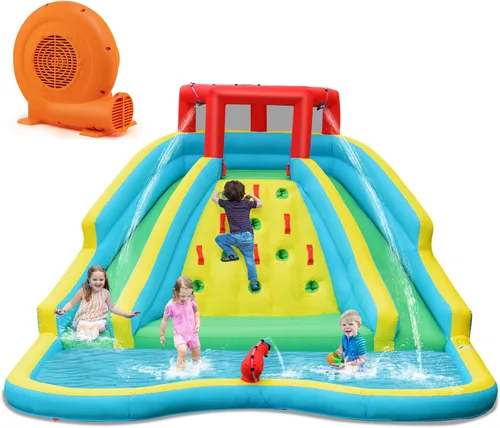 Miniatura 10 de KOTEK Tobogán acuático inflable, parque acuático gigante inflable con piscina grande para salpicaduras, 2 toboganes, pared de escalada y manguera