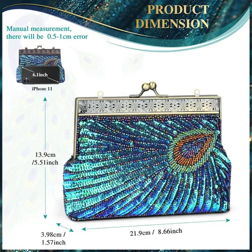 Miniatura 6 de UBORSE Bolsos de embrague de noche de pavo real con lentejuelas con cuentas Bolso de noche vintage Bolso de boda de fiesta de 1920