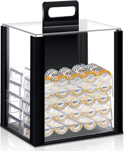 Hiboom 1 estuche acrílico para fichas de póquer, juego de 1000 bandejas de chips de capacidad para fichas, incluye vitrina acrílica portadora y 10