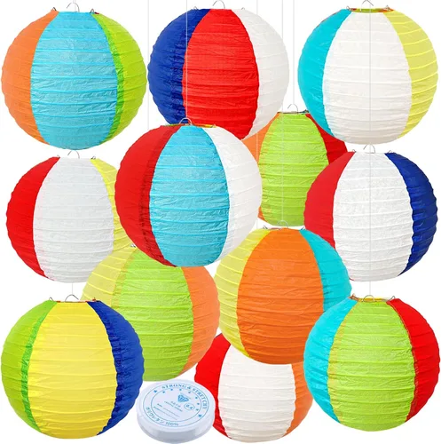 Paquete de 12 linternas de papel de bola de playa de 8 pulgadas, decoraciones de aula de verano y decoración colgante de fiesta en la piscina, Luau