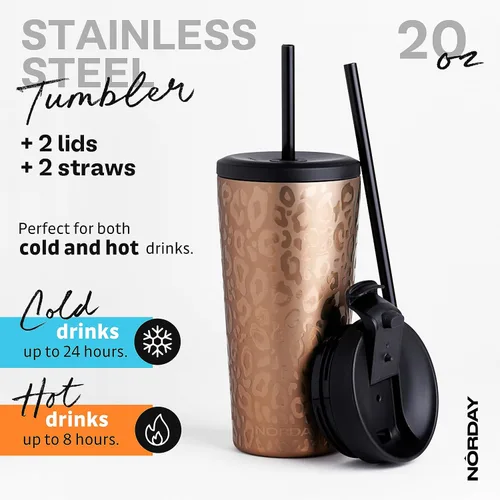 Miniatura 3 de NORDAY Vaso con tapa y popote – Bloom 20oz – Vaso aislado de leopardo de oro rosa – Vaso de acero inoxidable – Taza de café de doble pared