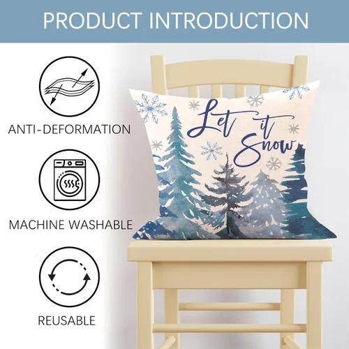 Miniatura 3 de Juego de 4 fundas de almohada decorativas de color azul pino de invierno de 18 x 18 pulgadas, Let It Snow en acuarela, bosque, oso, reno, copo